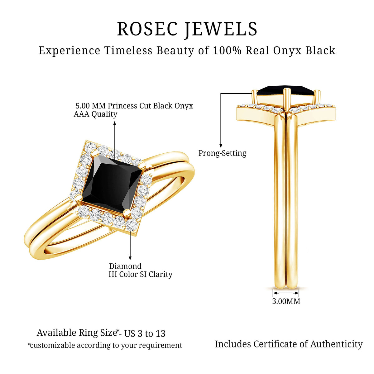 Real Black Onyx and Diamond Princess Cut Engagement Ring With Ring Guard