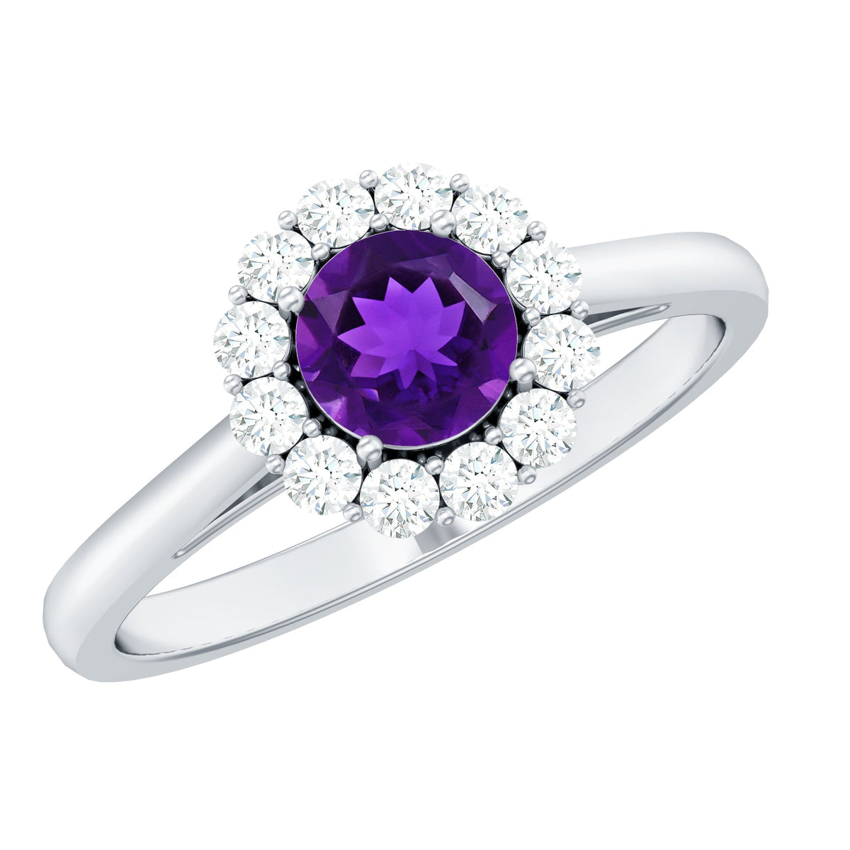 Round Amethyst and Diamond Halo Engagement Ring for Women