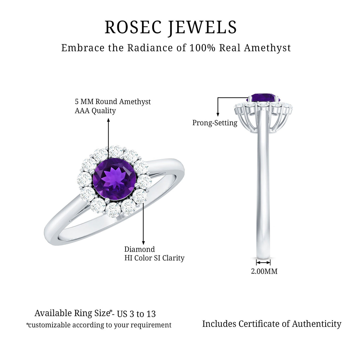 Round Amethyst and Diamond Halo Engagement Ring for Women