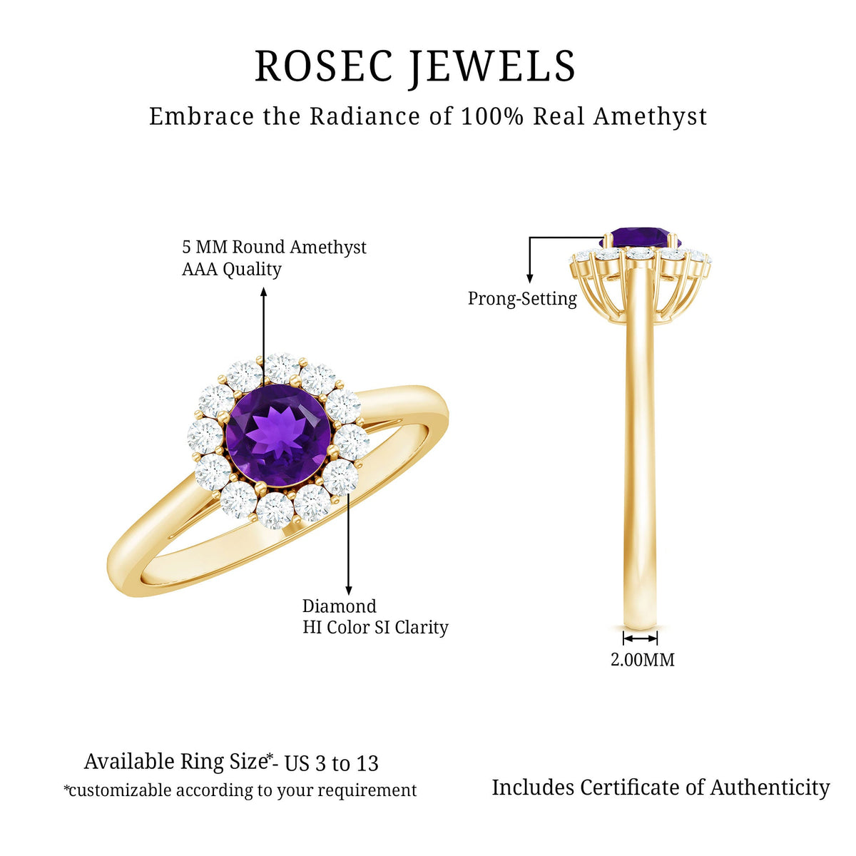 Round Amethyst and Diamond Halo Engagement Ring for Women
