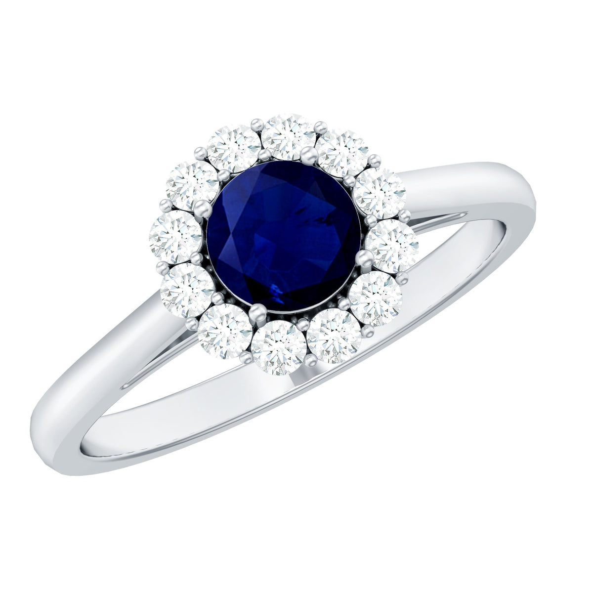 Genuine Blue Sapphire Engagement Ring with Diamond Halo