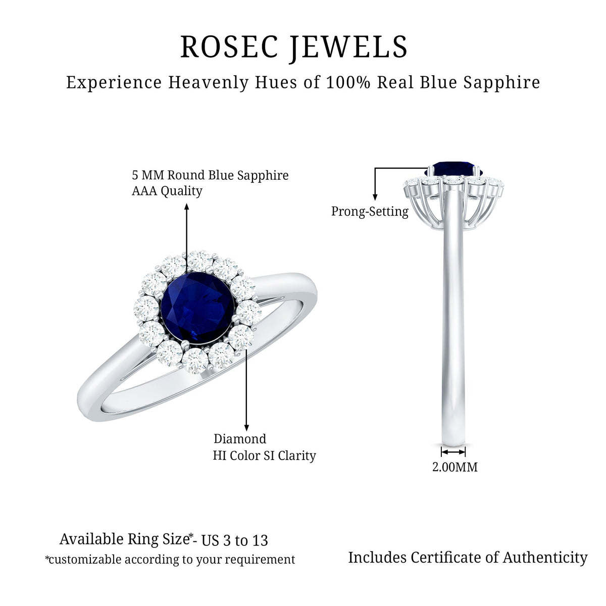 Genuine Blue Sapphire Engagement Ring with Diamond Halo