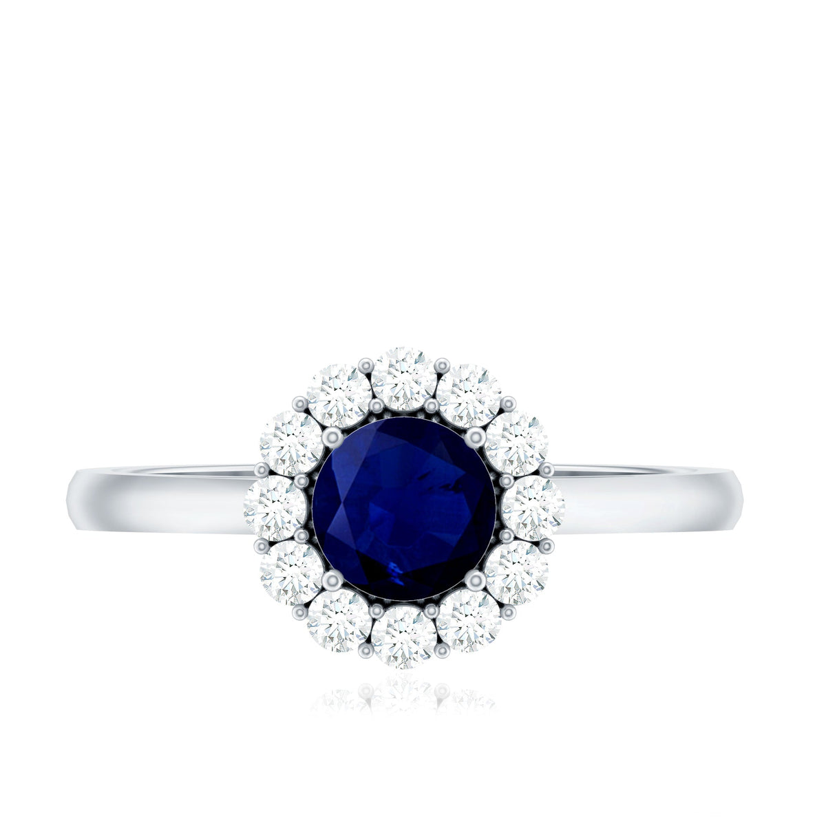 Genuine Blue Sapphire Engagement Ring with Diamond Halo