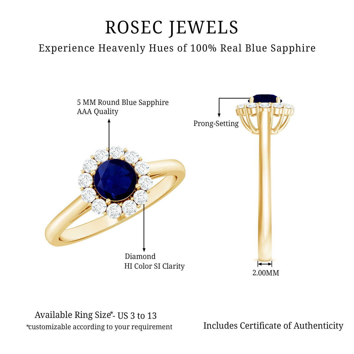 Genuine Blue Sapphire Engagement Ring with Diamond Halo