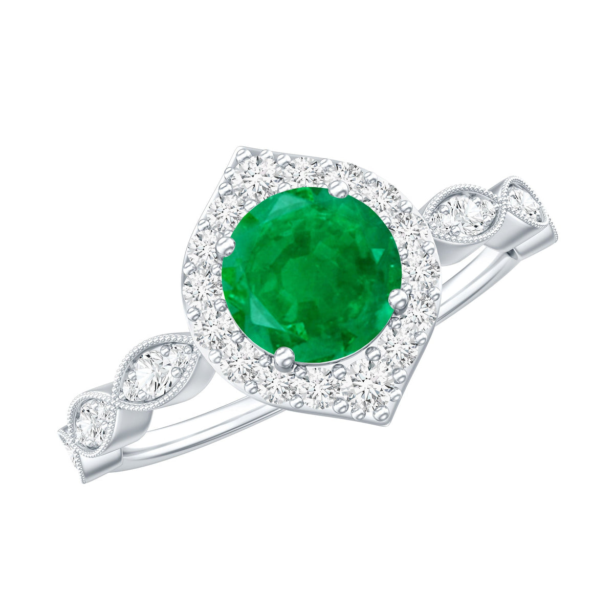 Natural Emerald Vintage Looking Engagement Ring with Diamond Halo