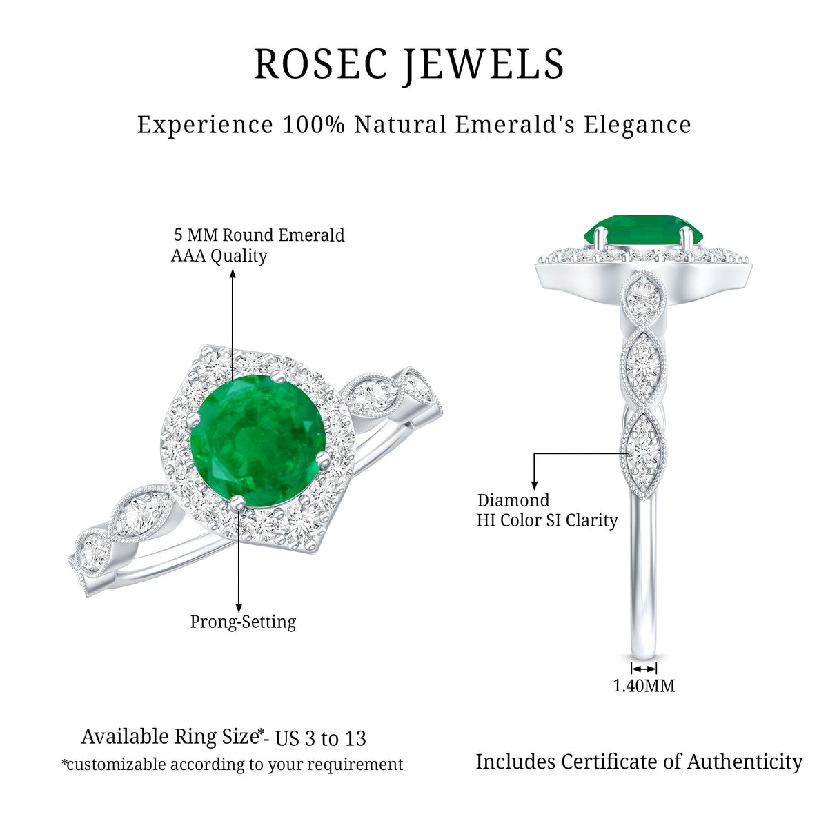 Natural Emerald Vintage Looking Engagement Ring with Diamond Halo