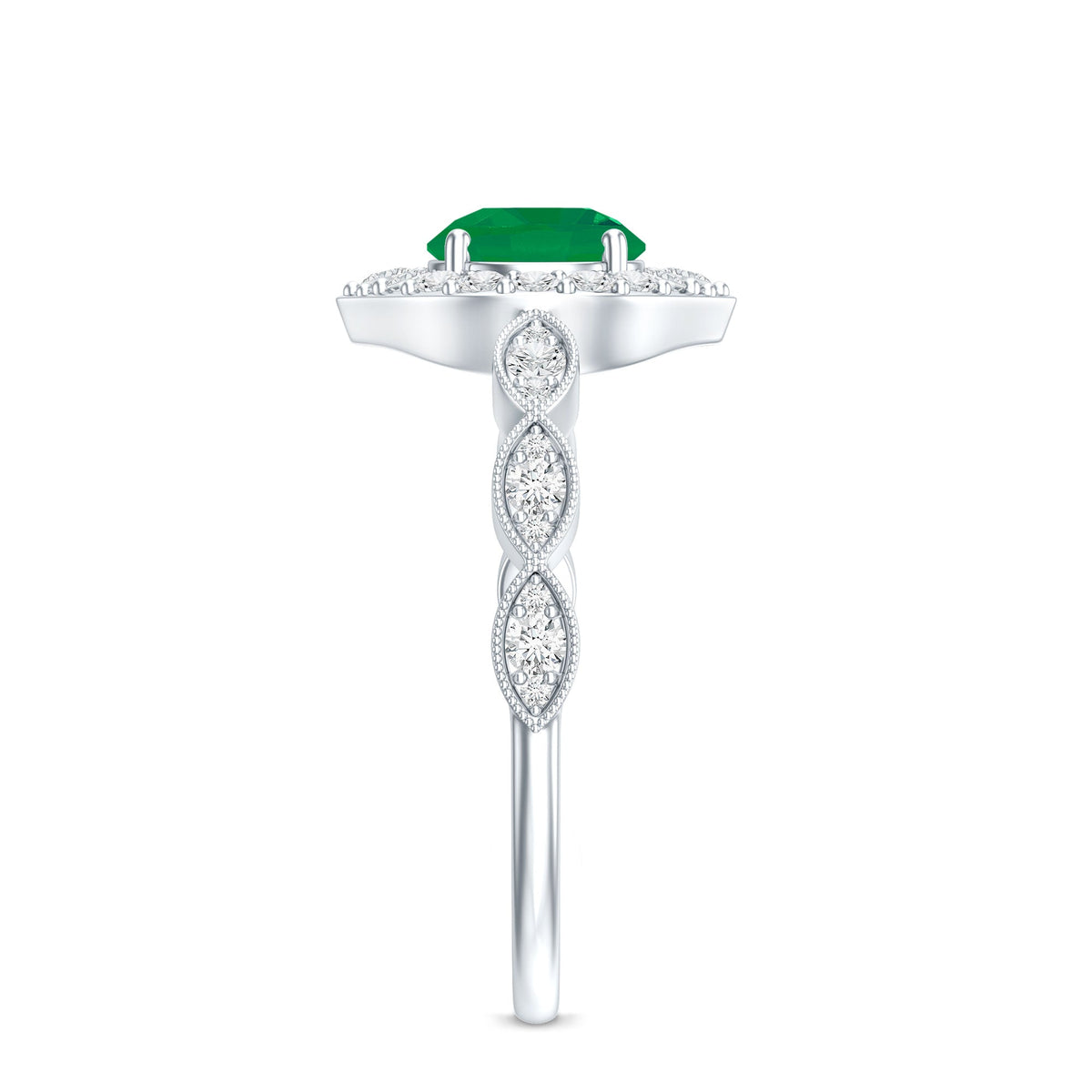 Natural Emerald Vintage Looking Engagement Ring with Diamond Halo