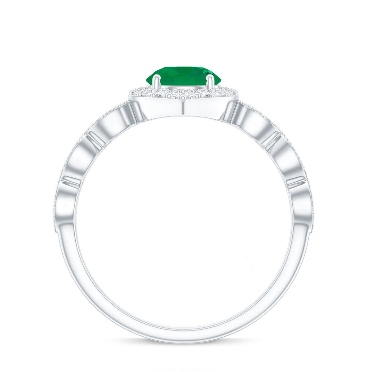 Natural Emerald Vintage Looking Engagement Ring with Diamond Halo