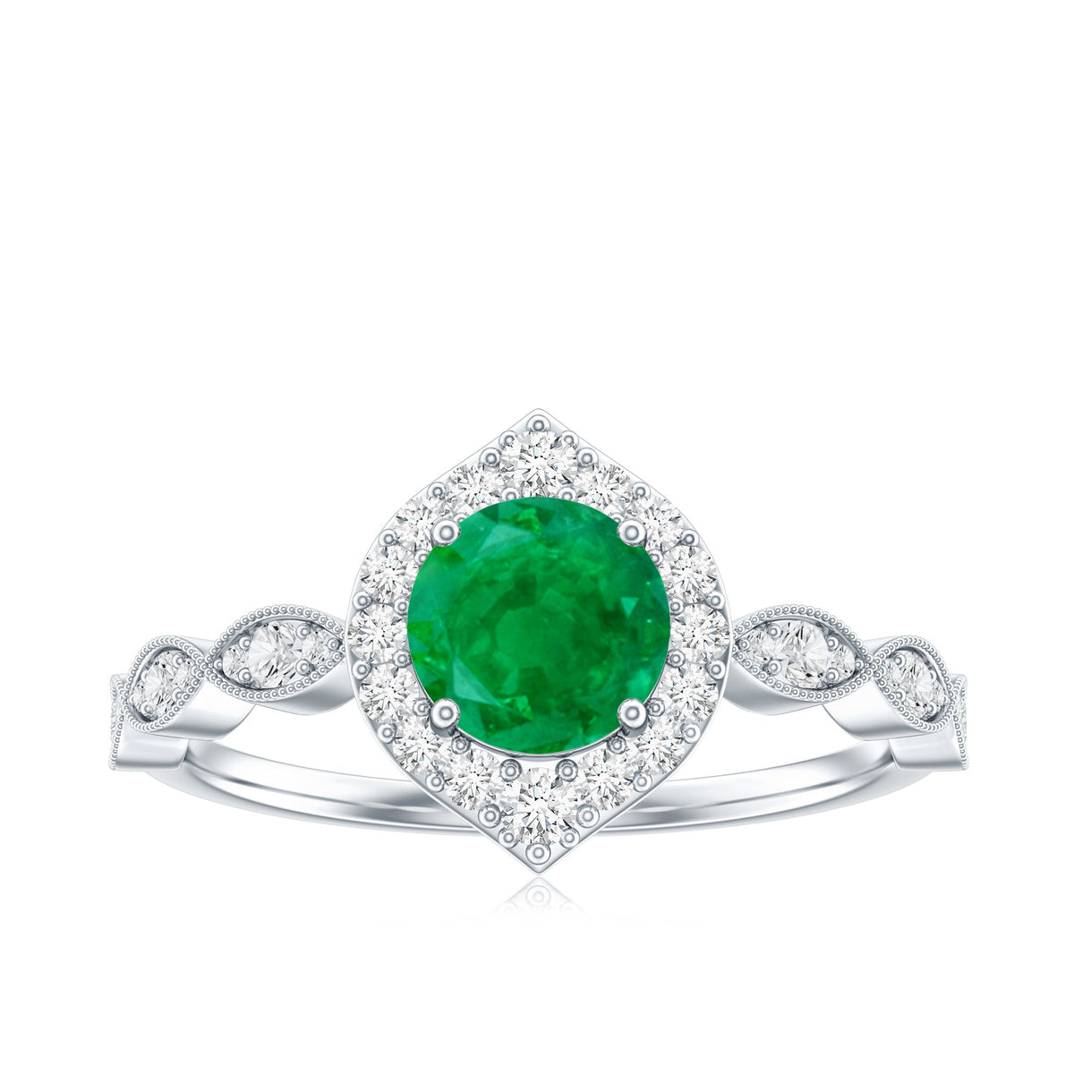 Natural Emerald Vintage Looking Engagement Ring with Diamond Halo
