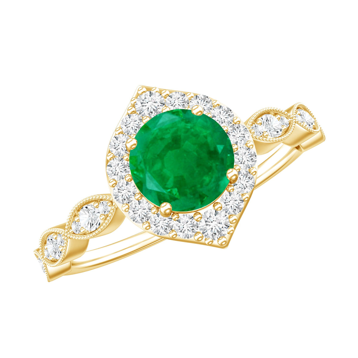 Natural Emerald Vintage Looking Engagement Ring with Diamond Halo