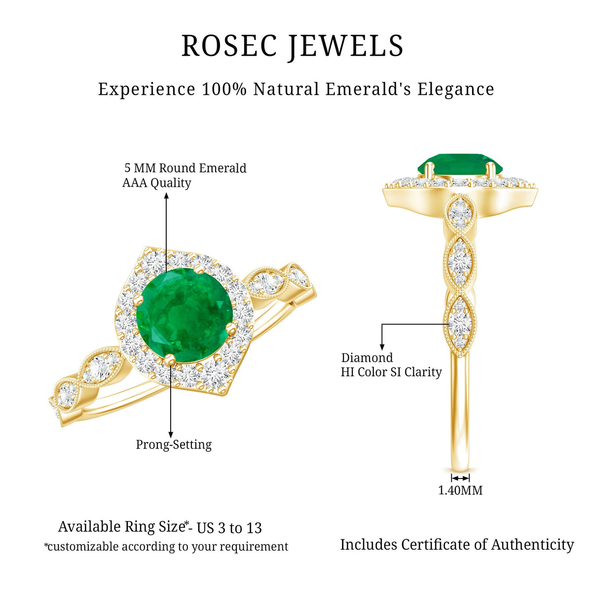 Natural Emerald Vintage Looking Engagement Ring with Diamond Halo