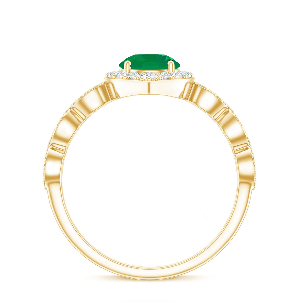 Natural Emerald Vintage Looking Engagement Ring with Diamond Halo