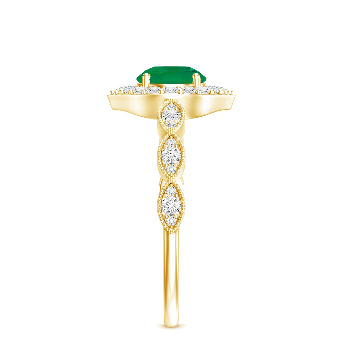 Natural Emerald Vintage Looking Engagement Ring with Diamond Halo