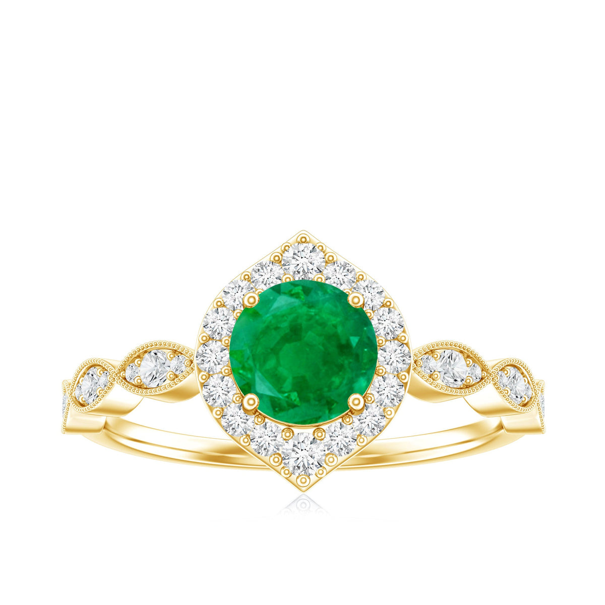 Natural Emerald Vintage Looking Engagement Ring with Diamond Halo