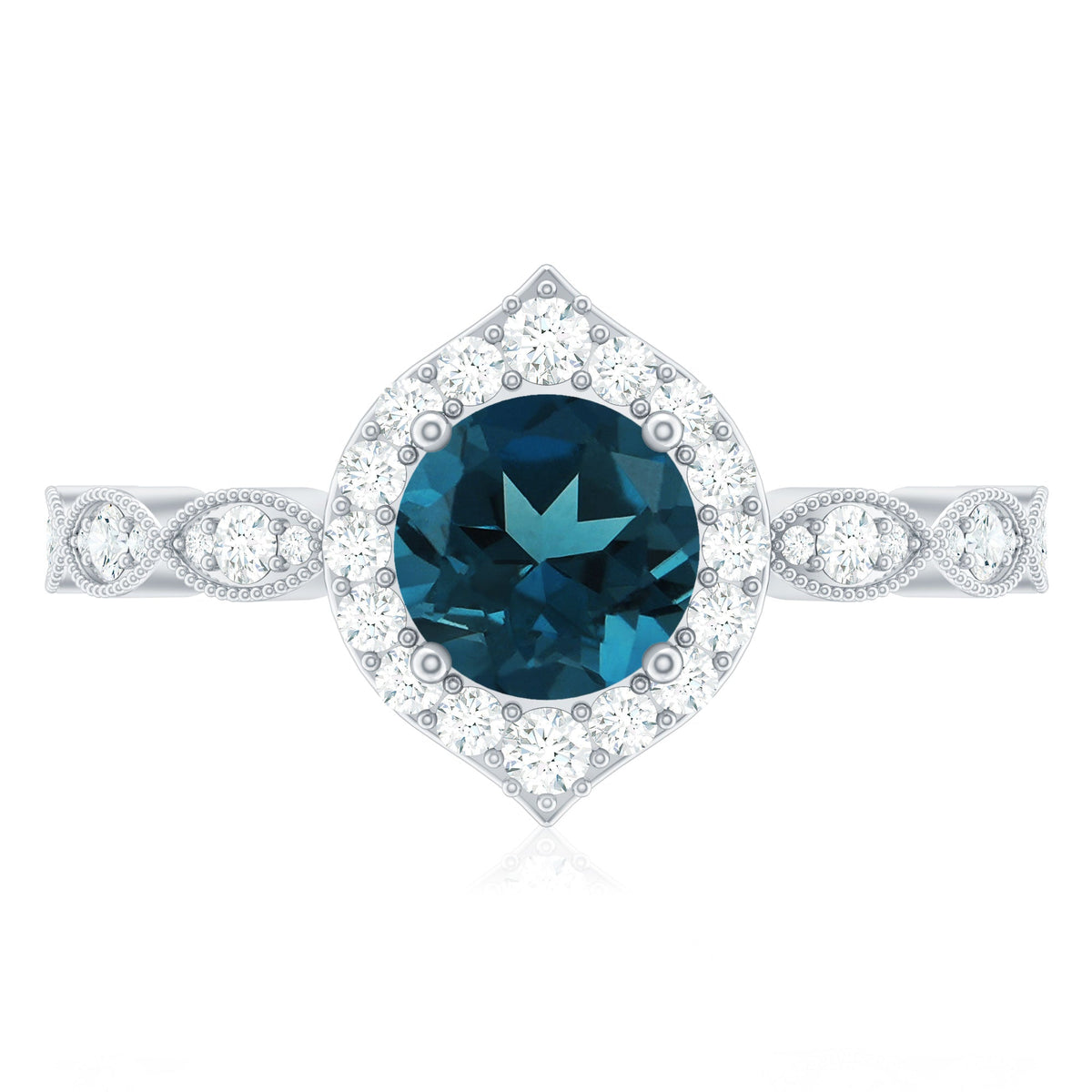 London Blue Topaz Vintage Halo Engagement Ring with Diamond