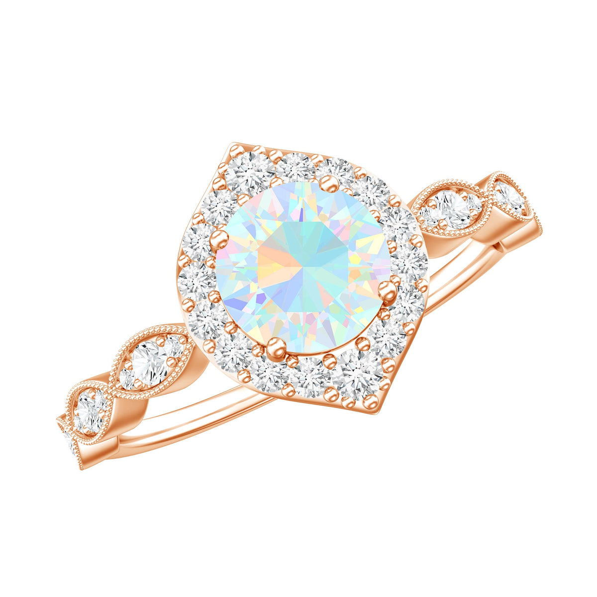 Vintage Looking Ethiopian Opal Engagement Ring with Real Diamond Halo