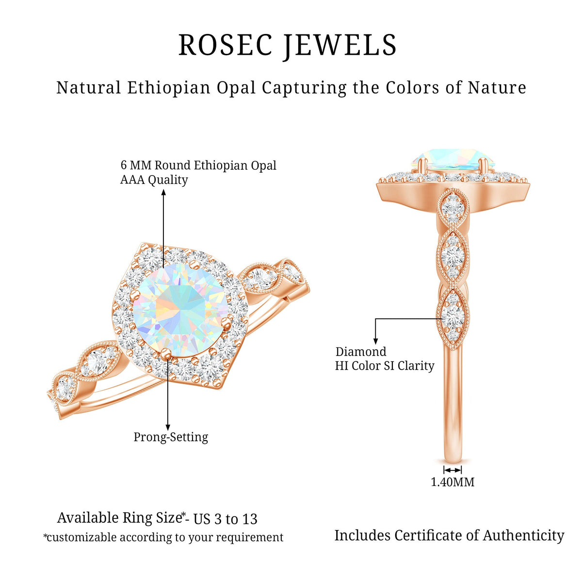 Vintage Looking Ethiopian Opal Engagement Ring with Real Diamond Halo