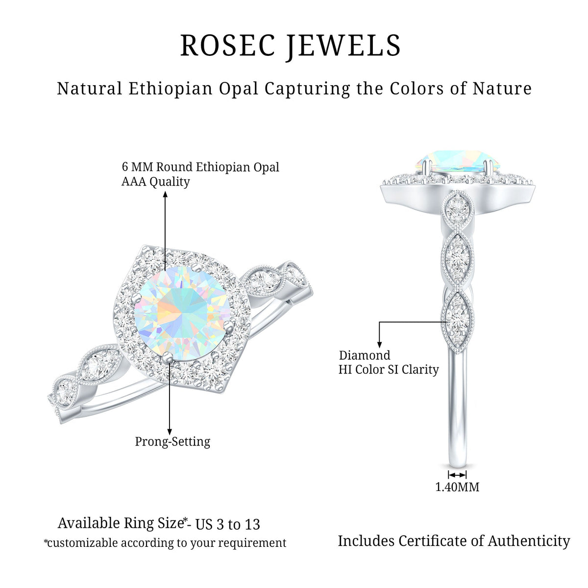 Vintage Looking Ethiopian Opal Engagement Ring with Real Diamond Halo