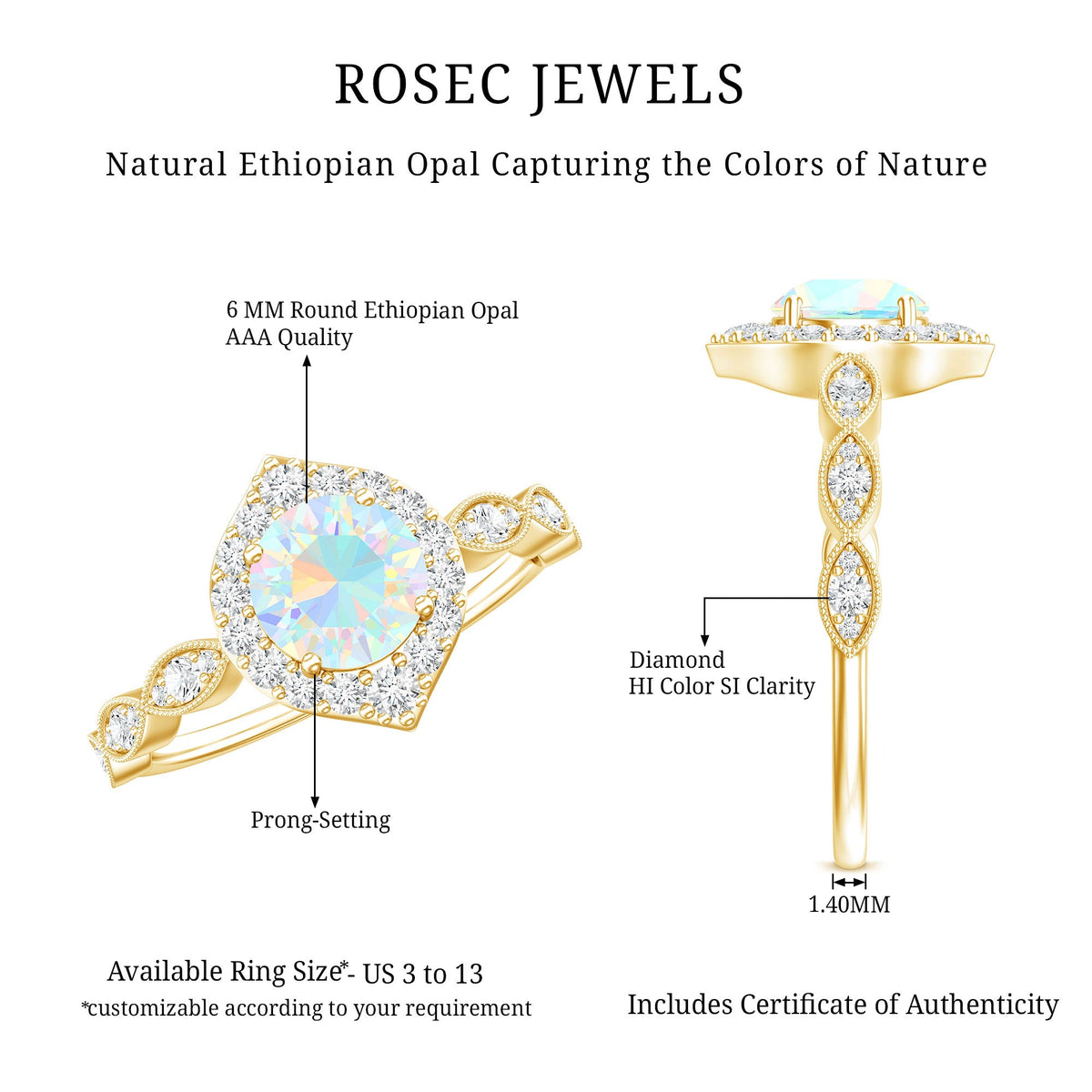 Vintage Looking Ethiopian Opal Engagement Ring with Real Diamond Halo