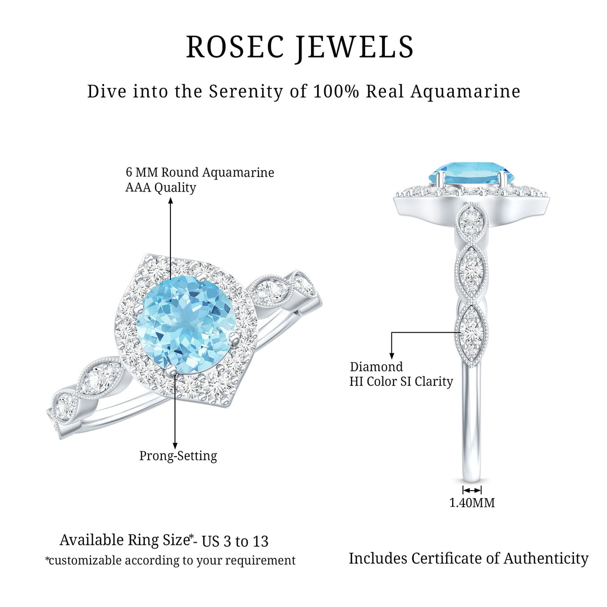0.8 Carat Aquamarine and Diamond Designer Engagement Ring