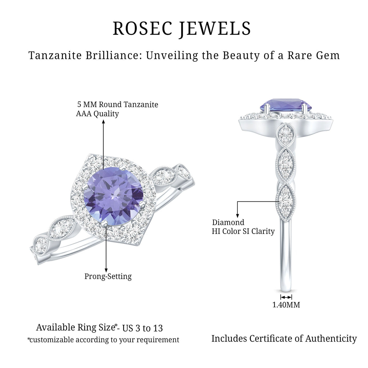 Real 0.54 Carat Tanzanite Vintage Engagement Ring with Diamond