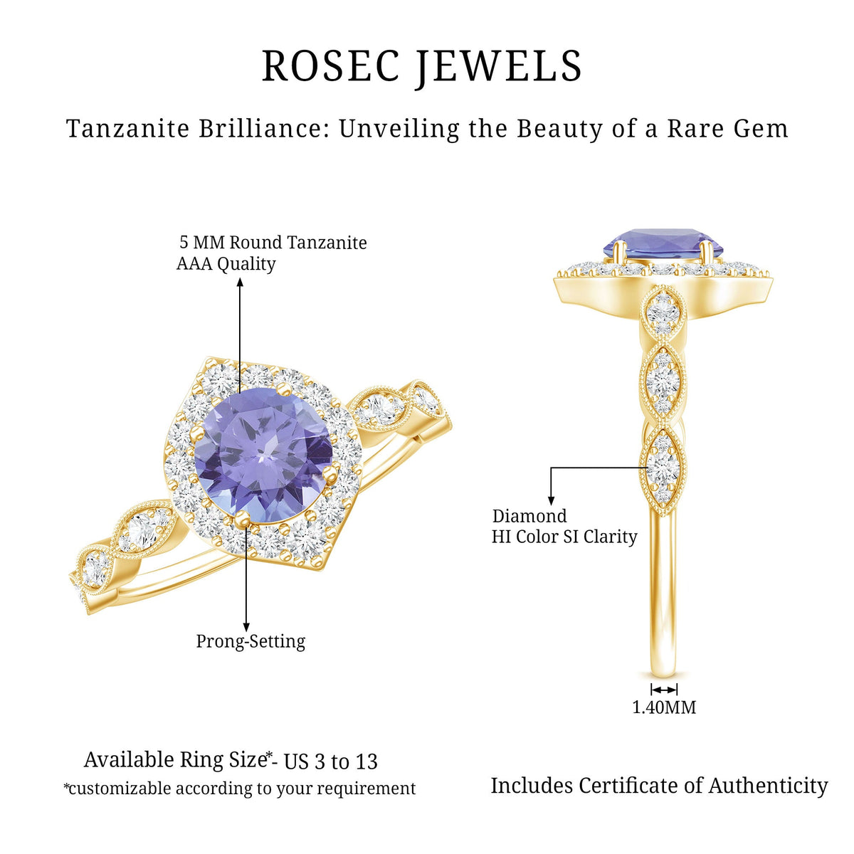 Real 0.54 Carat Tanzanite Vintage Engagement Ring with Diamond