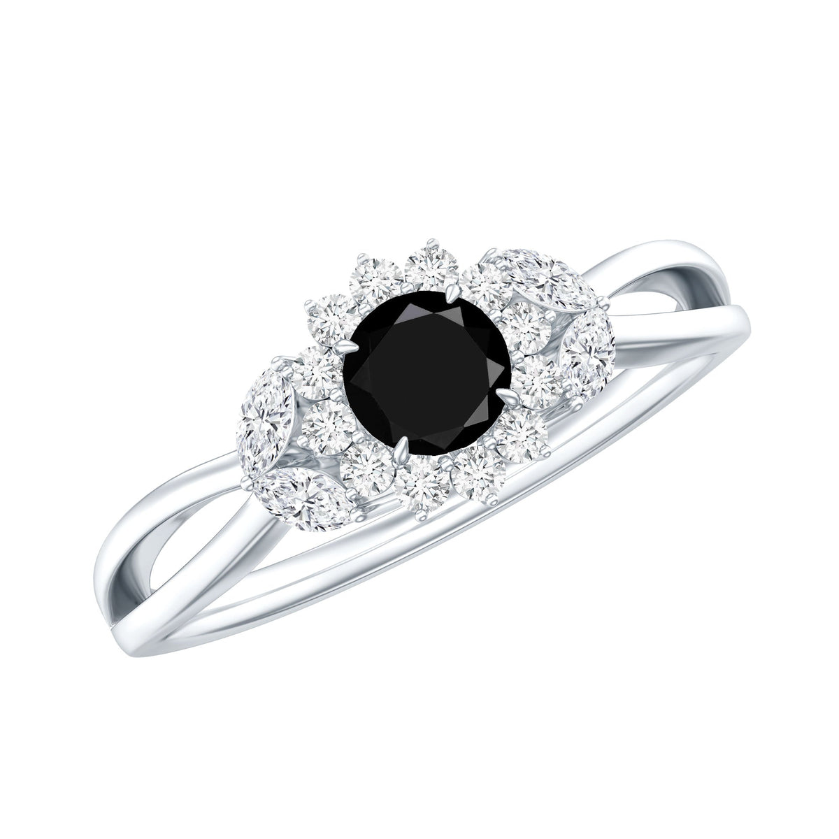 Natural Black Onyx and Diamond Flower Engagement Ring