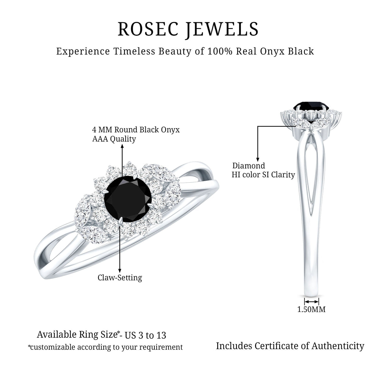 Natural Black Onyx and Diamond Flower Engagement Ring