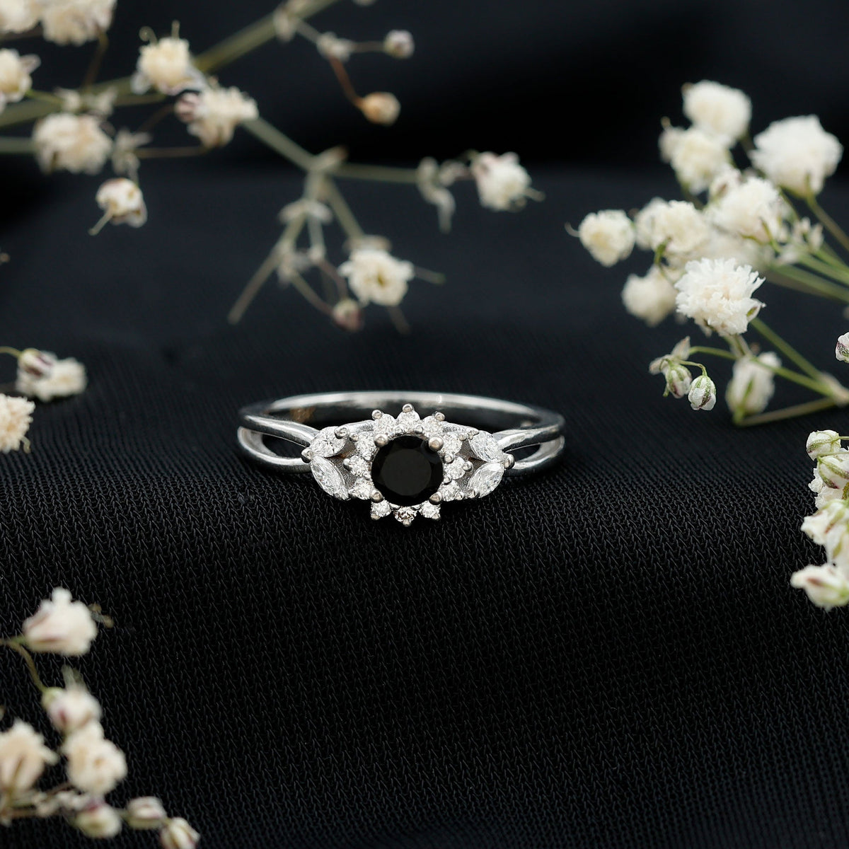 Natural Black Onyx and Diamond Flower Engagement Ring
