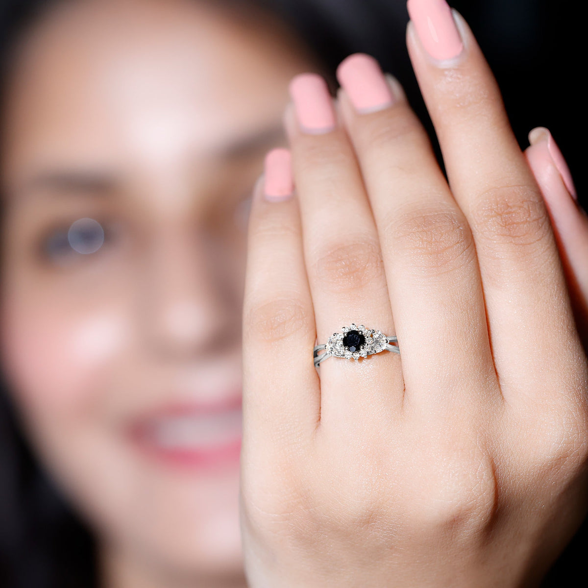 Natural Black Onyx and Diamond Flower Engagement Ring