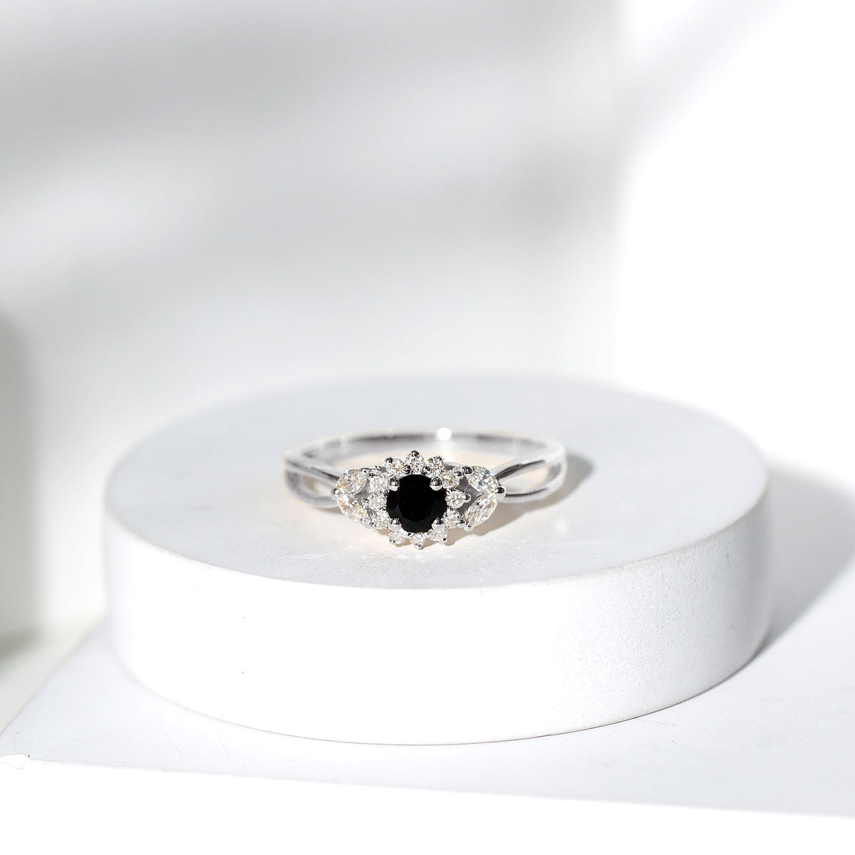Natural Black Onyx and Diamond Flower Engagement Ring