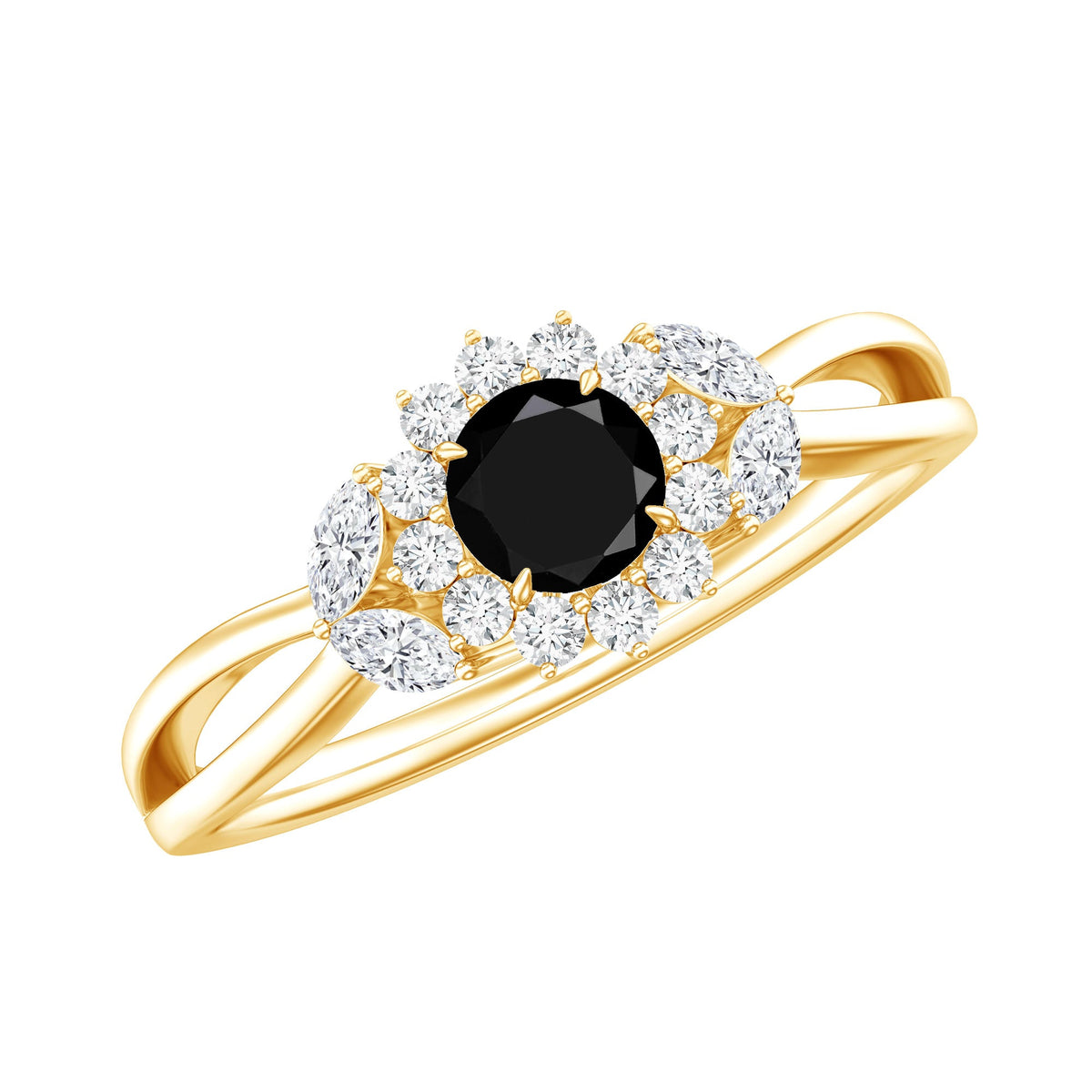 Natural Black Onyx and Diamond Flower Engagement Ring