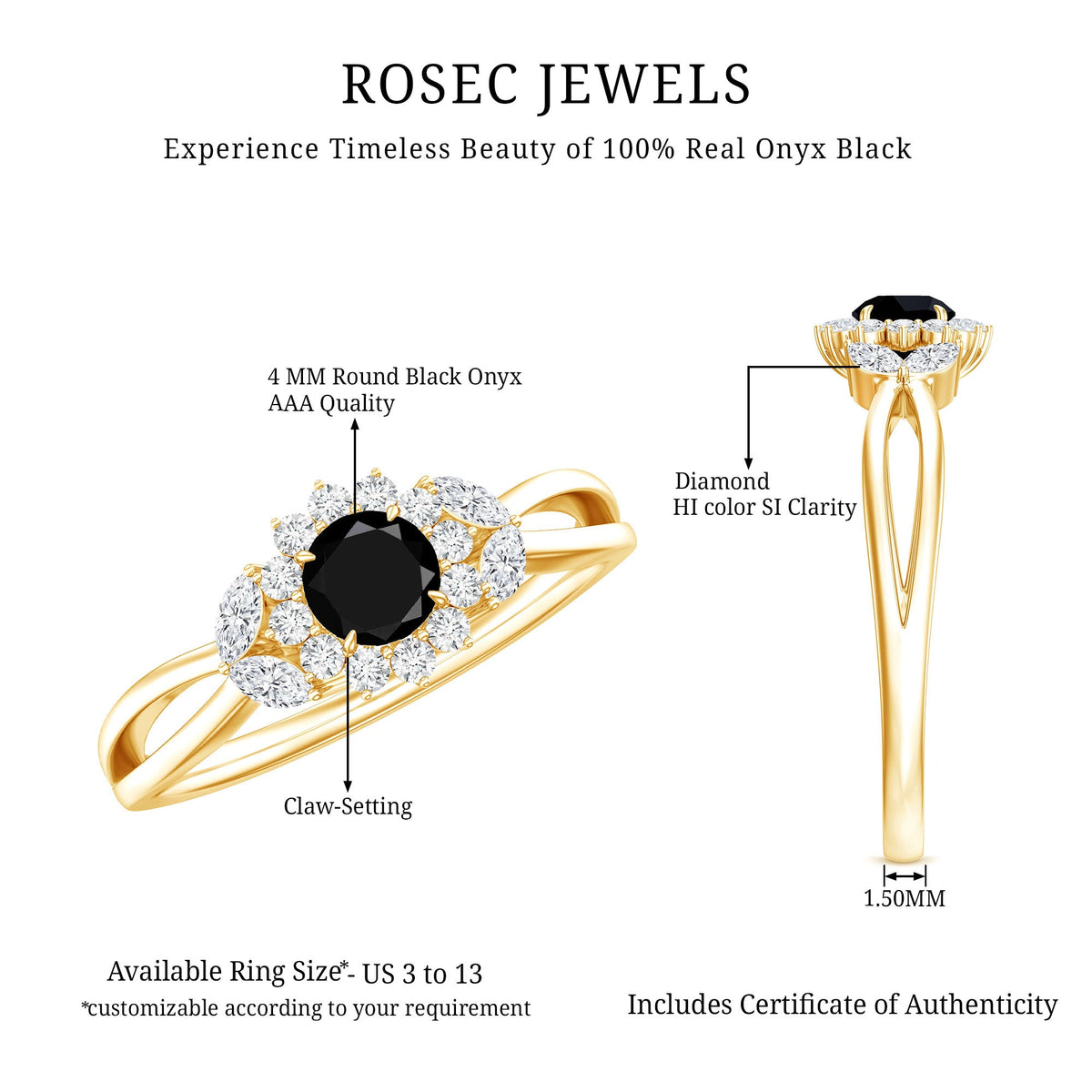 Natural Black Onyx and Diamond Flower Engagement Ring