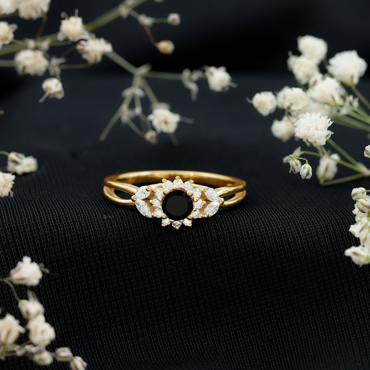 Natural Black Onyx and Diamond Flower Engagement Ring