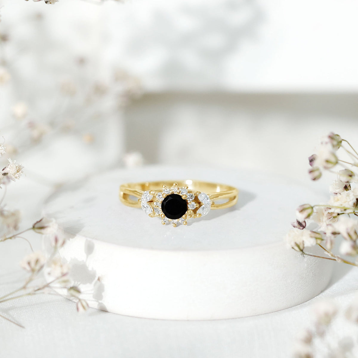 Natural Black Onyx and Diamond Flower Engagement Ring