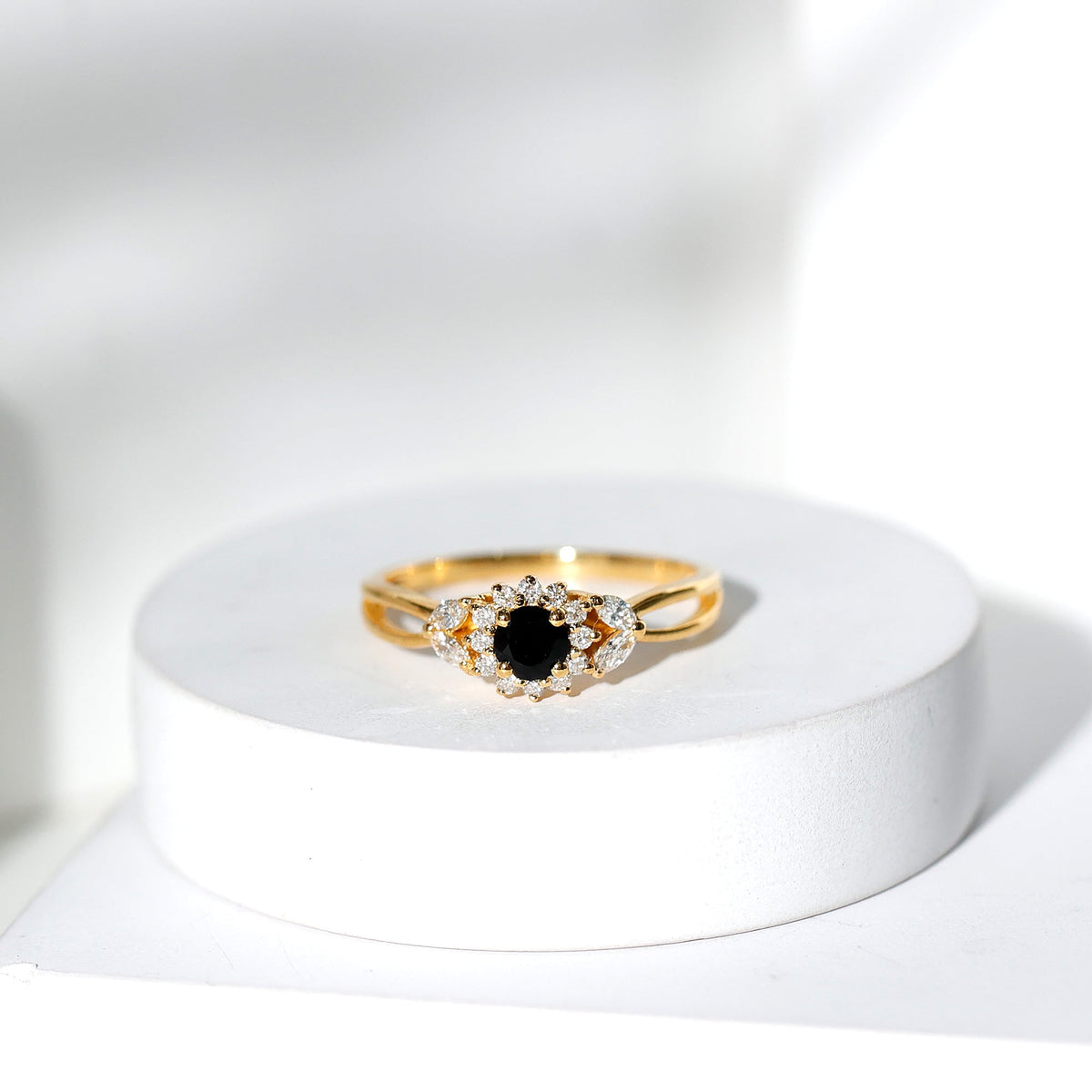Natural Black Onyx and Diamond Flower Engagement Ring