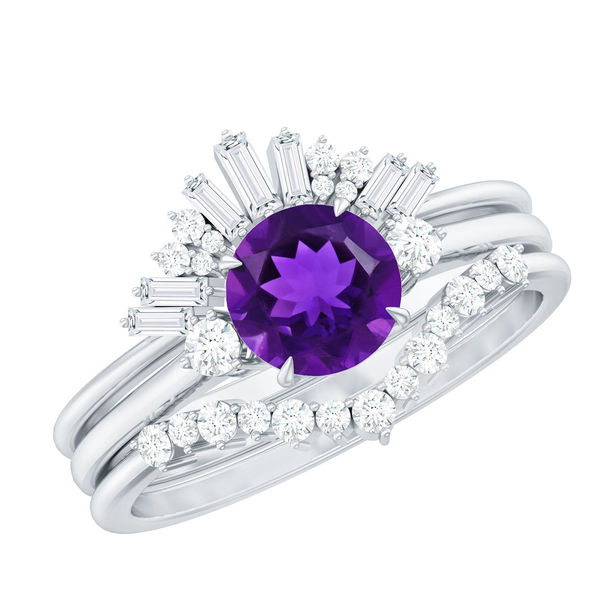 Natural Amethyst and Diamond 3 Piece Bridal Ring Set with Enhancer Bands