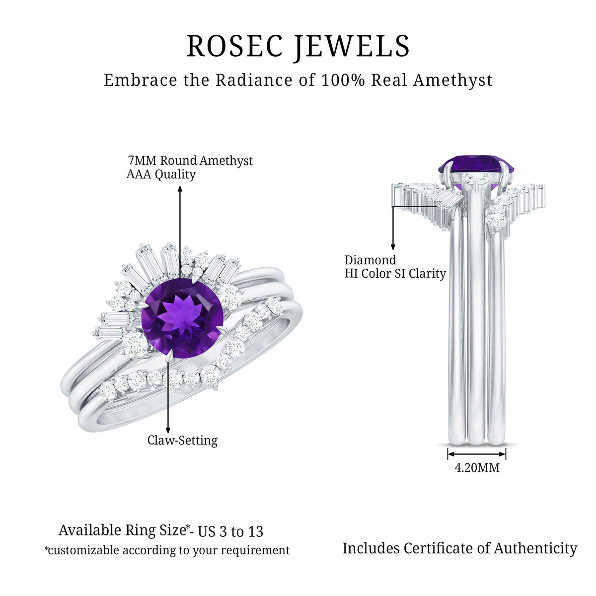 Natural Amethyst and Diamond 3 Piece Bridal Ring Set with Enhancer Bands