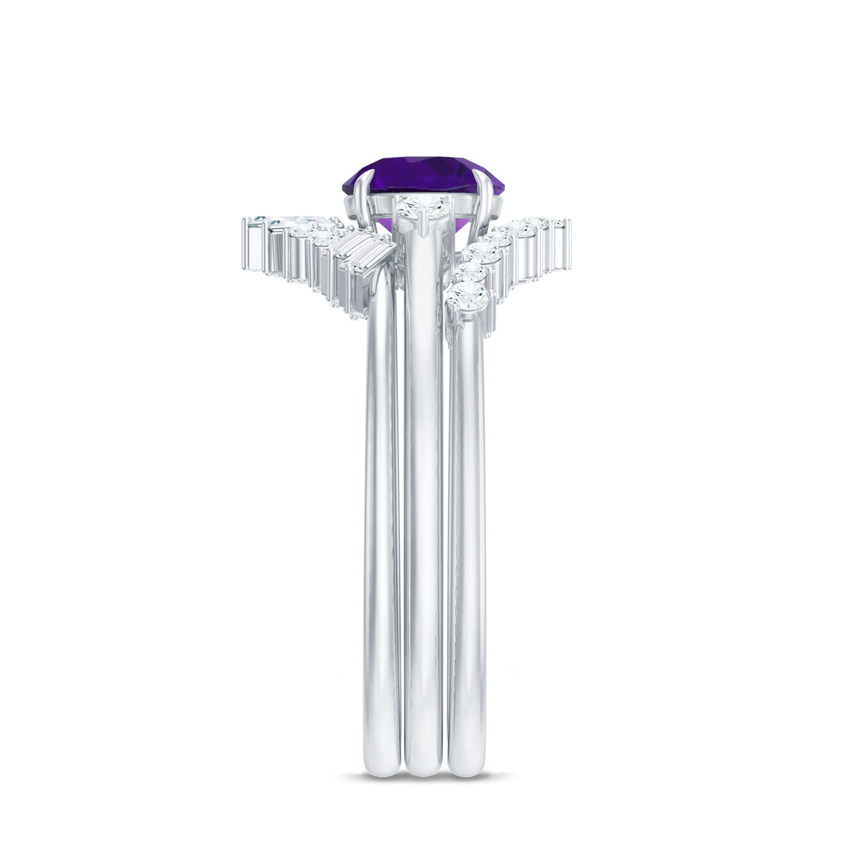 Natural Amethyst and Diamond 3 Piece Bridal Ring Set with Enhancer Bands