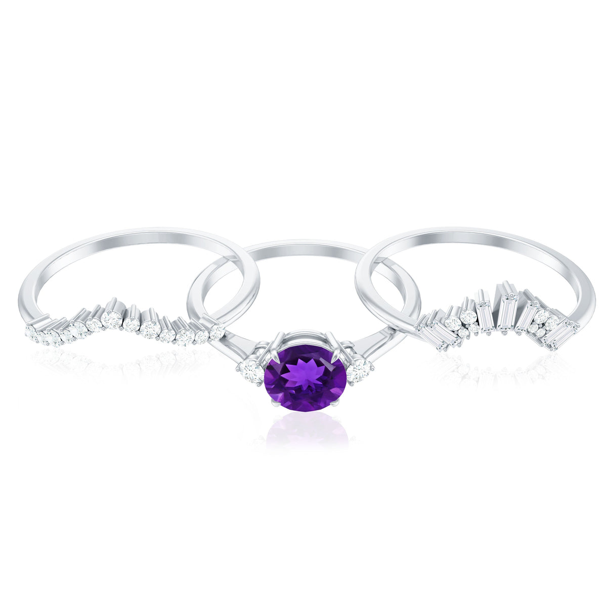 Natural Amethyst and Diamond 3 Piece Bridal Ring Set with Enhancer Bands