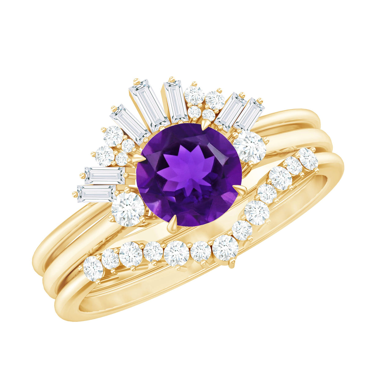 Natural Amethyst and Diamond 3 Piece Bridal Ring Set with Enhancer Bands