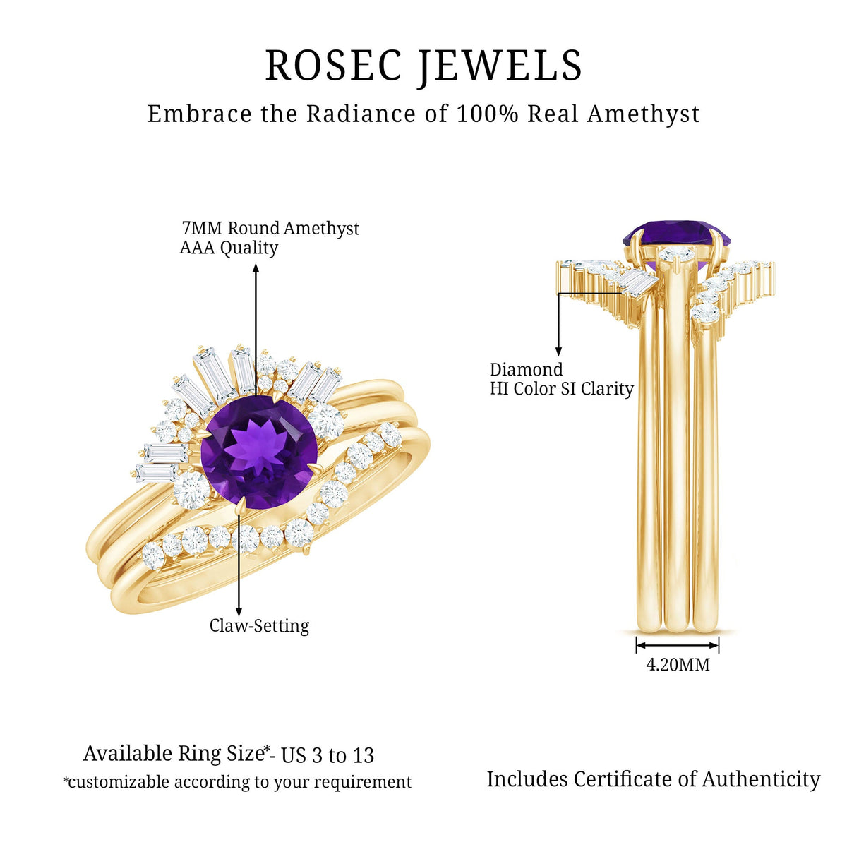 Natural Amethyst and Diamond 3 Piece Bridal Ring Set with Enhancer Bands