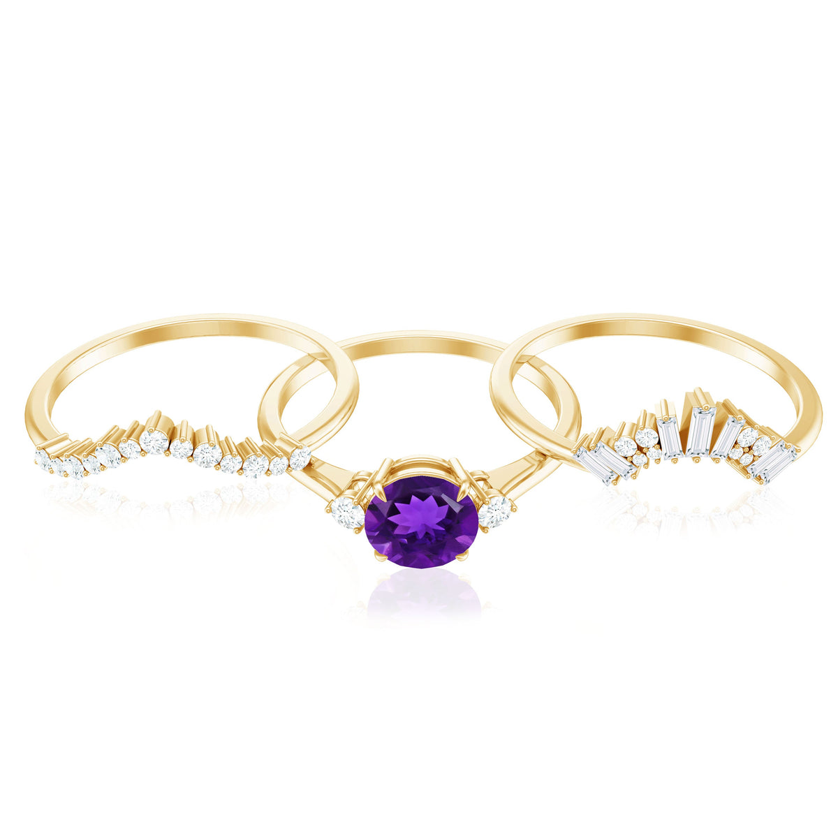Natural Amethyst and Diamond 3 Piece Bridal Ring Set with Enhancer Bands