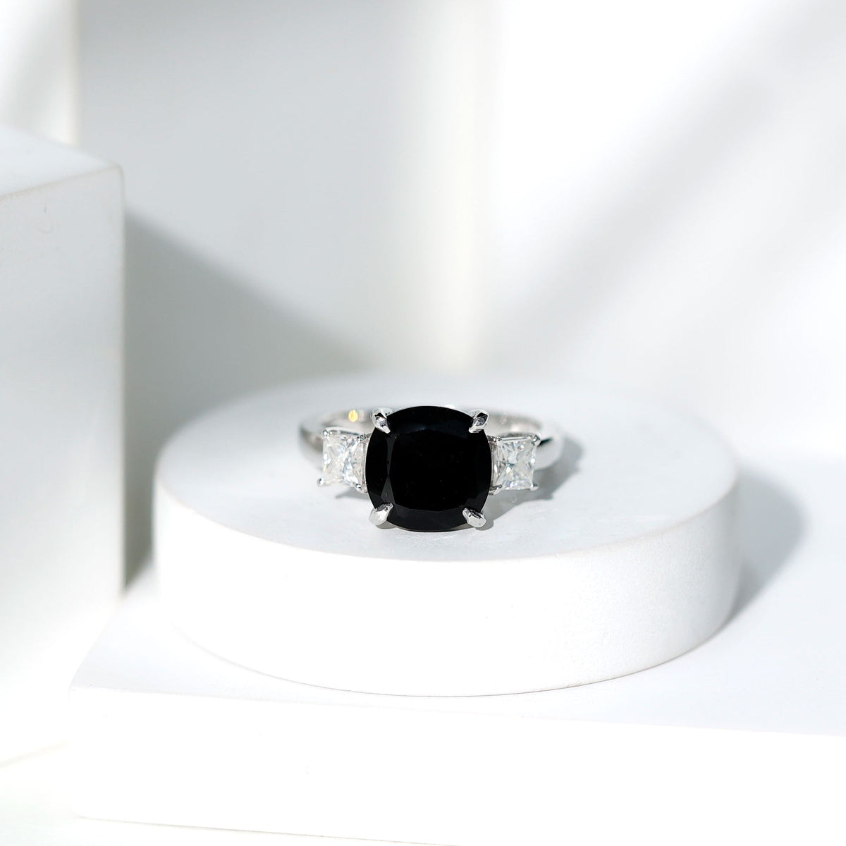 3.8 Carat Cushion Cut Lab Grown Black Diamond Three Engagement Ring with Moissanite