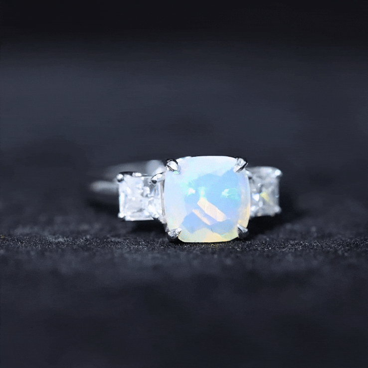 Cushion Cut Ethiopian Opal Three Stone Engagement Ring with Moissanite