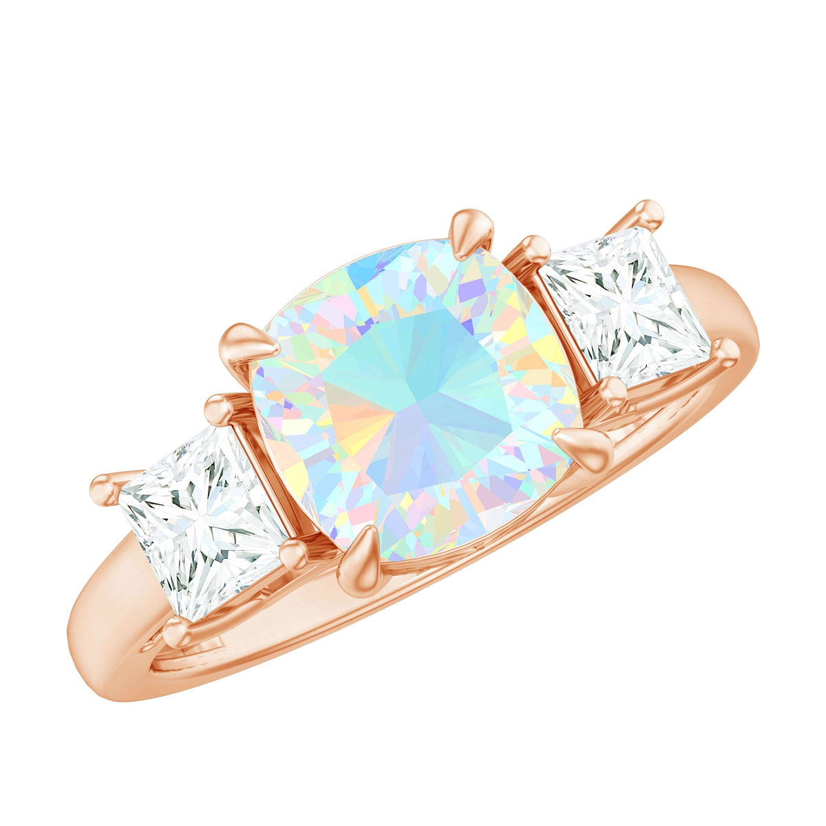 Cushion Cut Ethiopian Opal Three Stone Engagement Ring with Moissanite