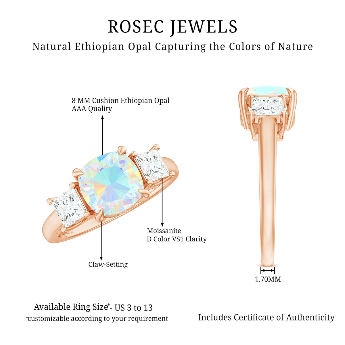 Cushion Cut Ethiopian Opal Three Stone Engagement Ring with Moissanite