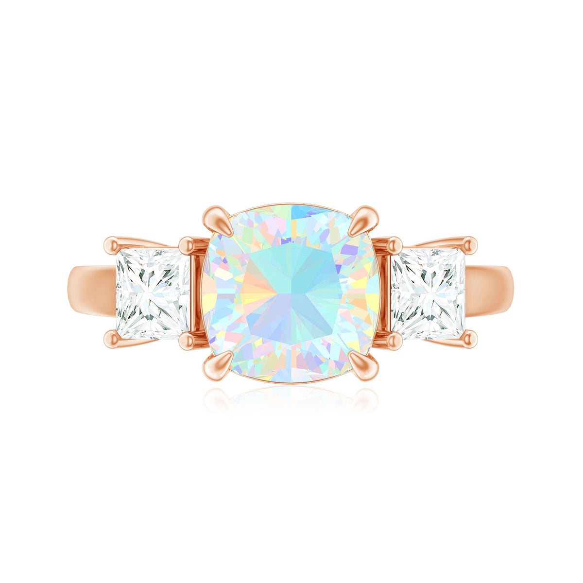 Cushion Cut Ethiopian Opal Three Stone Engagement Ring with Moissanite