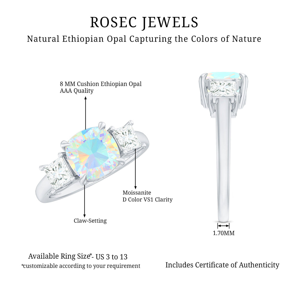Cushion Cut Ethiopian Opal Three Stone Engagement Ring with Moissanite
