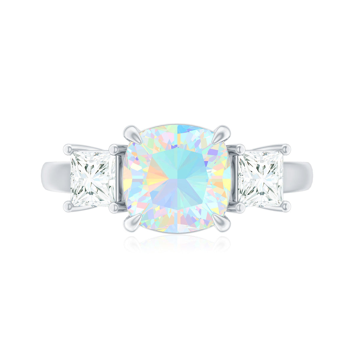 Cushion Cut Ethiopian Opal Three Stone Engagement Ring with Moissanite